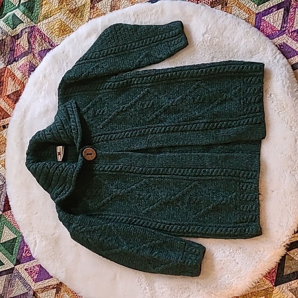 Carrargdonn Made In Ireland Green 100% Pure Wool 3/4 Sleeve Cable Knit Sweater